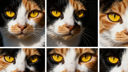Close-up collage of a calico cat with striking yellow eyes and detailed facial features