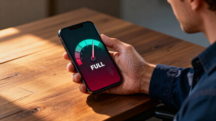 Person holding smartphone displaying full battery indicator with gauge graphic