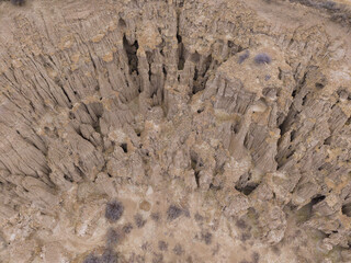 Aerial view from a drone of the Aguarales (fairy chimneys) of Valdemiraz or Valpalmas in the Cinco Villas Region. Saragossa. Aragon. Spain. Europe