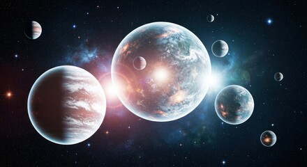 Fototapeta premium Celestial bodies, including planets with atmospheres, orbit a radiant light source in deep space