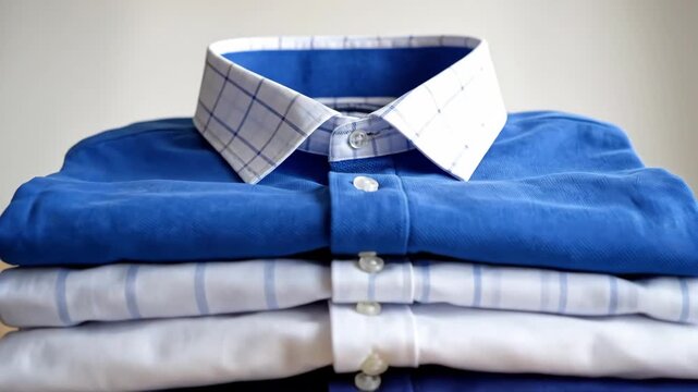 Stacked Shirts on a Table - This video shows a neat stack of folded shirts on a wooden table. The shirts are a mix of blue and white, with visible collars and buttons, perfect for commercial or