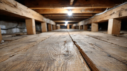 Wooden crawlspace beams under a house with soft lighting.