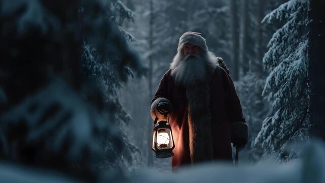 Santa Claus in a fur-trimmed red coat walking through a snowy forest at night, lantern in hand.