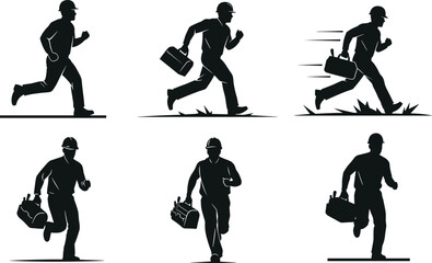 Construction worker running with toolbox, industrial man silhouette in motion, emergency repair concept, fast service, builder speed action vector illustration