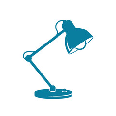 Teal desk lamp with adjustable arm and round base on white background light blue
