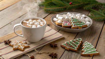 Cozy Festive Treats: A warm cup of cocoa, topped with fluffy marshmallows, is accompanied by a plate of holiday cookies, creating a delightful scene. Perfect for a season of warmth, happiness.