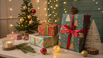 Festive Season Gifts and Decor: An inviting assortment of wrapped gifts and charming decorations set the stage for a delightful Christmas or holiday gathering, showcasing seasonal spirit.