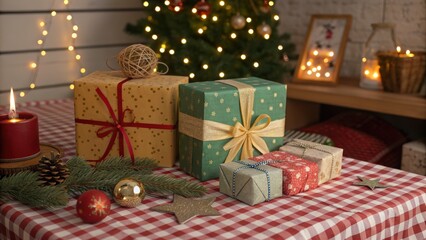 Christmas Presents: Colorful gift boxes elegantly arranged on a festive checkered tablecloth. Illuminated by the warm glow of candlelight and festive decoration.