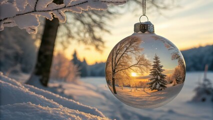 Winter Wonderland Ornament: Captivating a seasonal scene of a frosted landscape reflected within a delicate holiday ornament, creating a miniature world of frosted trees, setting sun, and soft light.