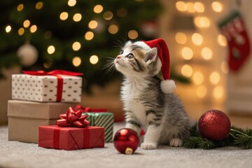 Festive Feline: A curious kitten, adorned with a Santa hat, sits amidst a charming holiday scene with wrapped gifts, capturing the magic of the season.