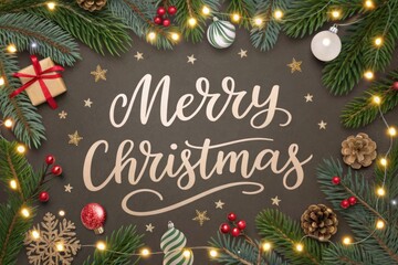 Festive Merry Christmas Greeting: A heartwarming Christmas arrangement, featuring a greeting with festive ornaments and elegant Christmas tree branches.