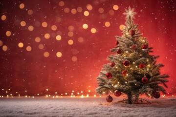 Festive Cheer: A beautifully adorned Christmas tree, bathed in a soft, inviting glow against a rich backdrop of winter charm, embodying the heart of holiday spirit.