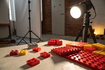 Colorful Brick Construction: A collection of various red, yellow, and gray construction bricks are meticulously arranged on a table.
