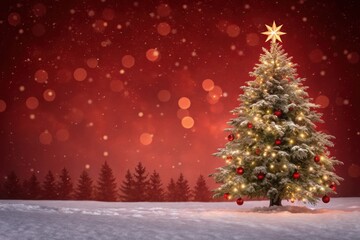 Holiday Sparkle: A majestic, decorated Christmas tree stands as the focal point amidst a dreamy, snowfall setting. Draped with festive lights and ornaments, the tree radiates warmth.