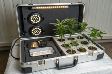 Miniature Indoor Garden: A briefcase transformed into a compact indoor garden, complete with lighting, housing vibrant plants, and epitomizing the harmony of innovation and horticulture.
