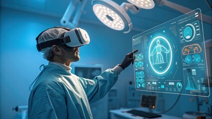 Digital Surgical Vision: A surgeon, immersed in virtual reality, gestures towards a holographic interface, demonstrating cutting-edge medical technology