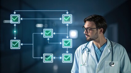 Healthcare Professional Navigating Technology: A focused healthcare professional, stethoscope in place, engages with an advanced technological flow diagram in a modern medical setting.