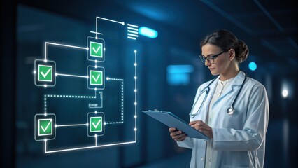 The Medical Review: A dedicated professional, meticulously analyzing a digital checklist on a futuristic display, embodying precision and expertise in a medical setting.