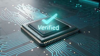 Digital Verification: Illuminated in electric blue, a central processing unit (CPU) is overlaid with a glowing checkmark and the word verified.