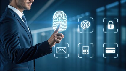 Cybersecurity with a Personal Touch: A man's fingertip hovers over a digital fingerprint, symbolizing secure access and personal authentication within a realm of information technology. 