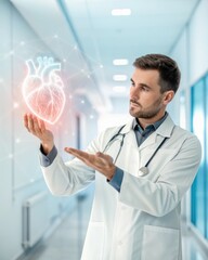 Healthcare Visionary: A medical professional, with a stethoscope draped around the neck, thoughtfully examines a glowing holographic heart, set against the backdrop of a modern medical facility.