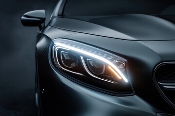 Close up of modern car headlight with bright lights