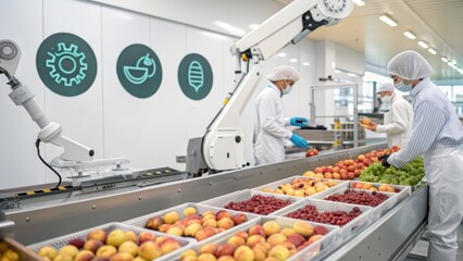 Automated Food Processing: A modern food processing facility with workers and robotic arms meticulously sorting fresh produce, highlighting efficiency and precision.