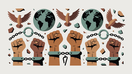 Global Freedom Illustration Raised Fists, Broken Chains, Earth Globes, and Doves Symbolizing Peace