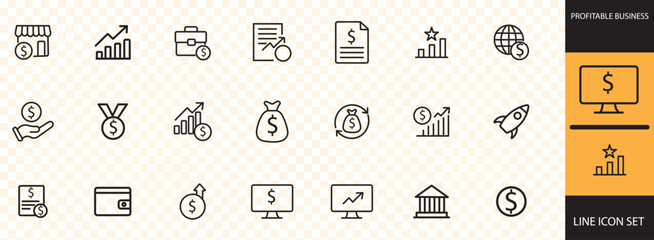 Profitable Business line icons set . editable stroke, featuring strategy, revenue, competitive advance, margin, manufacturing, supply, sustainability, product