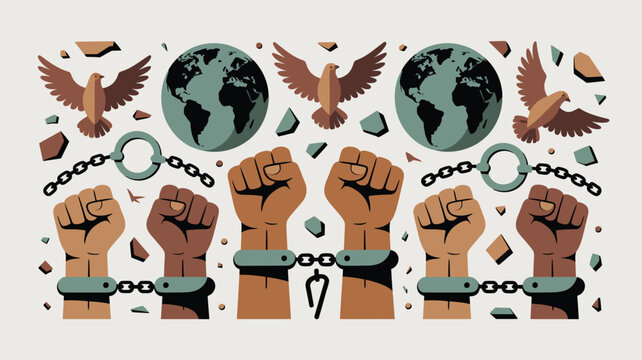 Global Freedom Illustration Raised Fists, Broken Chains, Earth Globes, and Doves Symbolizing Peace