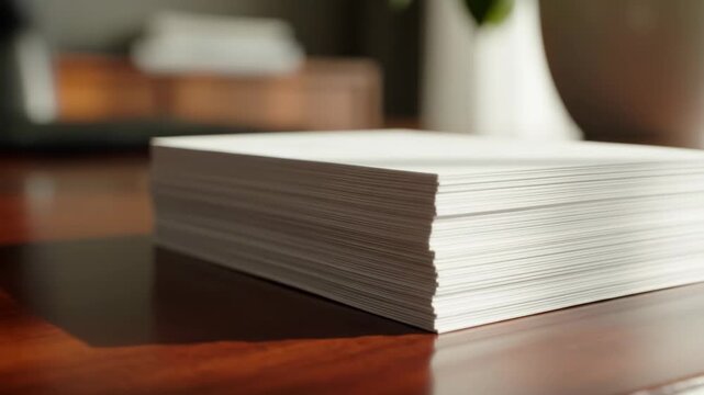 Stack of Business Cards on a Table - A close-up shot shows a thick stack of plain white business cards resting on a polished wooden table.