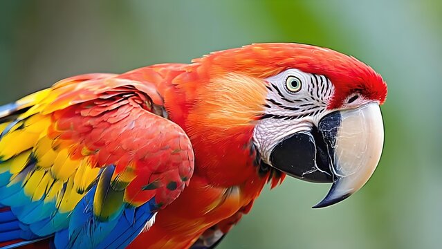 A close up shot of a colorful macaw parrot with a red head and a white beak looking forward