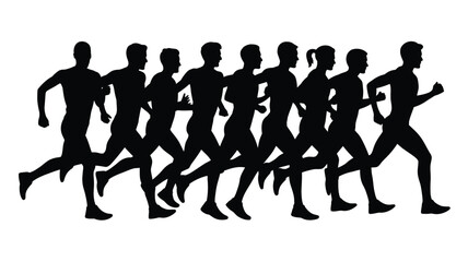 Group of Runners Silhouette of Several Individuals Running in Sync on White Background