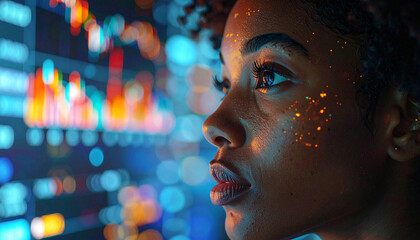 Digital Insights: A focused female observes an interactive digital display, her gaze reflecting a complex network of data and illuminating the possibilities of the future.