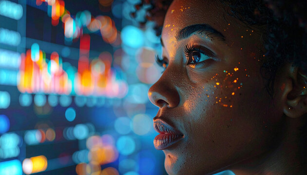 Digital Insights: A focused female observes an interactive digital display, her gaze reflecting a complex network of data and illuminating the possibilities of the future. - Powered by Adobe