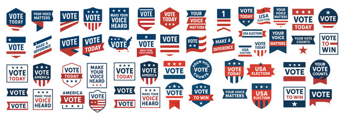 Vector bundle of patriotic vote badges, banners, and labels in red, white, and blue for elections, campaigns, and civic engagement