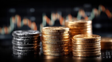 Stacks of Gold and Silver Coins with Blurred Stock Market Graph Background