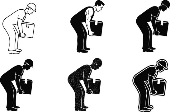 Silhouette illustration of worker lifting heavy box safely, ergonomic posture concept, industrial safety training, workplace injury prevention, correct lifting technique guidance