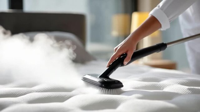 A person uses a steam iron to press white fabric on an ironing board.