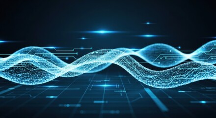Digital waves emanate, with circuits in a gradient-blue landscape, showcasing data flow