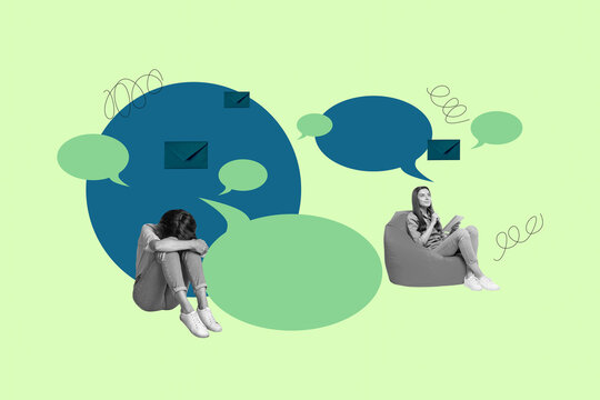 Collage of people chatting through devices with speech bubbles letters showing digital communication business private life concept