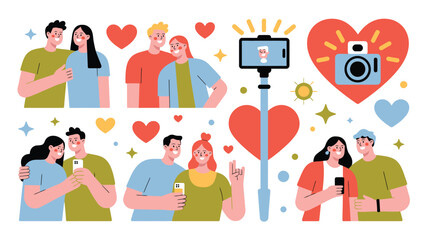 Fototapeta premium Illustration of Diverse Couples Taking Selfies with Phones, Camera, and Hearts Scattered Around