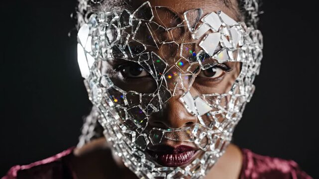 Woman with Broken Glass Face Covering - A close-up shot shows a woman's face covered in shards of broken glass.