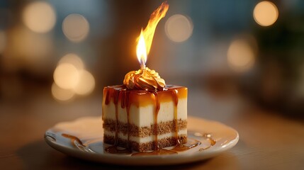 Cake with a lit candle under which caramelized sugar melts