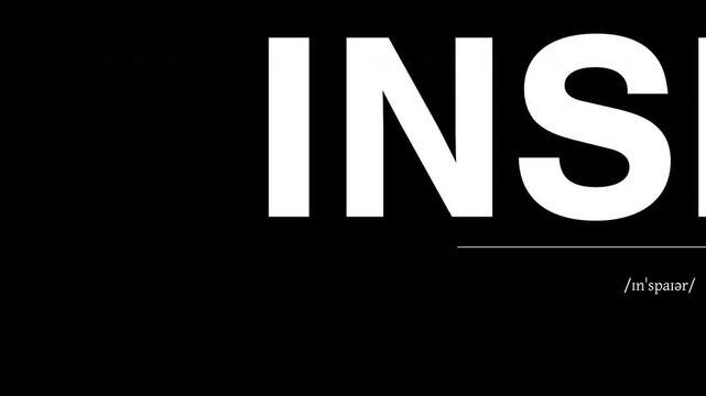 Animated kinetic typography of the word Inspire scrolling in bold black and white dictionary style with phonetic pronunciation and definition. Seamless loop for corporate and motivational videos