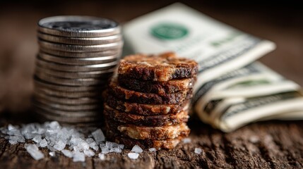 Stack of Coins, Sliced Meat, and Currency on Rustic Wooden Surface