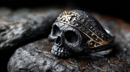 Skull Ring on Stone, Gothic Jewelry, Dark Fashion Accessory, Close-up