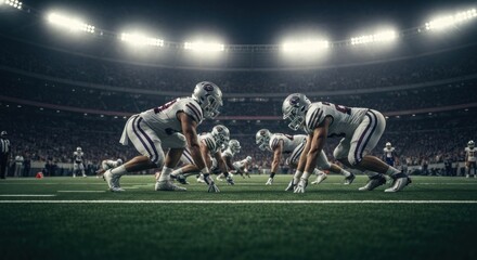 Football players in white uniforms prepare to snap the ball on a brightly lit field