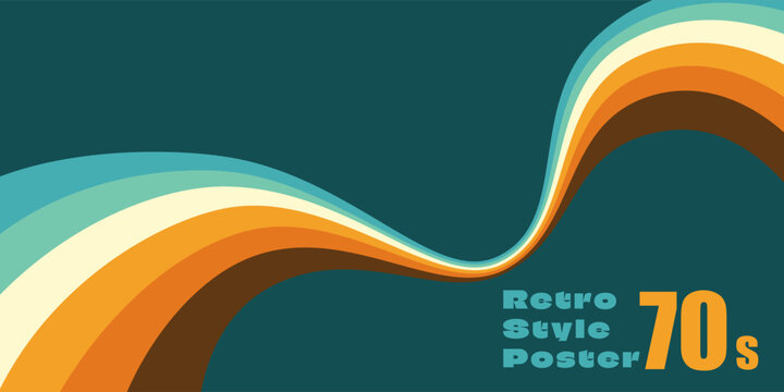Colorful 1970s poster with radiating curved lines and central перспектива. Teal, orange, cream and brown stripes. Retro vector for interior design, groovy decor, nostalgic artwork