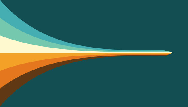 Retro 70s abstract poster with curved rainbow stripes and dynamic перспектива. Vintage wave pattern in teal, orange, yellow and brown. Vector illustration for wall art, print, decor